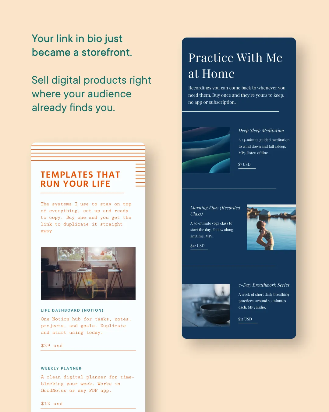 Your link in bio just became a storefront | example Sell Card stores